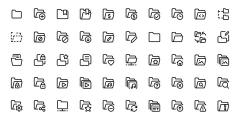 Folders file line icons set. File catalog, document search, folder synchronization, local network vector illustrations. Outline minimal signs. Editable Stroke. Suitable for Web Page, Mobile App, Ui ux