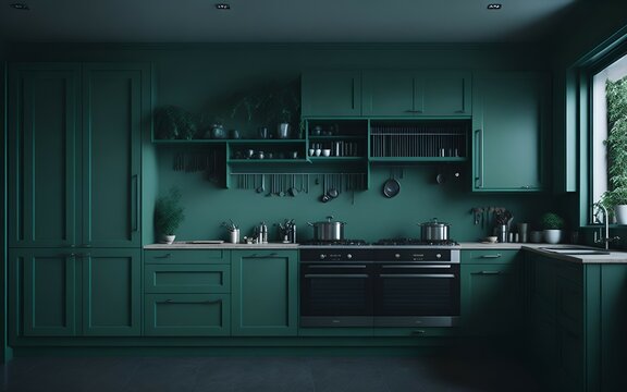 Photo Of A Kitchen With Green Cabinets And A Window, Perfect For A Cozy And Natural Atmosphere