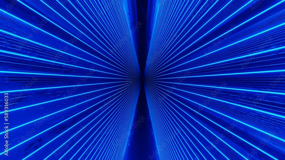 Poster glow blue lines. 4k seamless looped animation. fly through mirror tunnel with neon pattern, glow lin