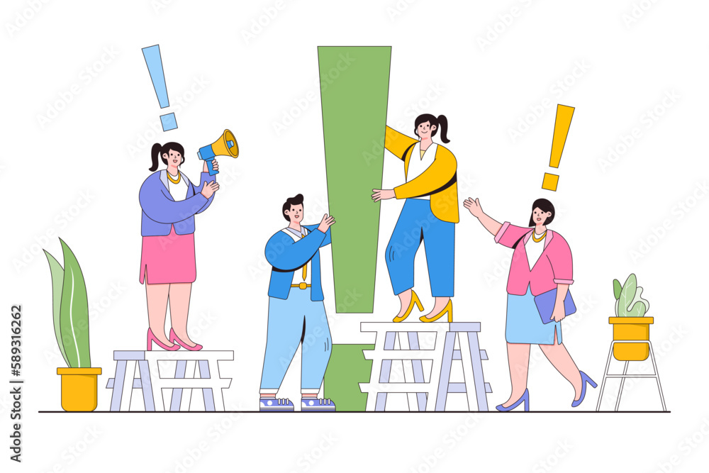 Poster problem solving question search for answer, big exclamation mark with people around, research concep