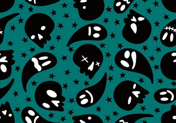 Cartoon doodle seamless Halloween skulls pattern for wrapping paper and clothes print and kids accessories