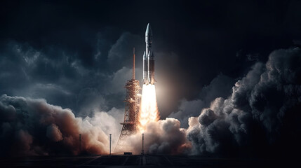 Illustration of rocket launch in the night created with Generative AI technology.