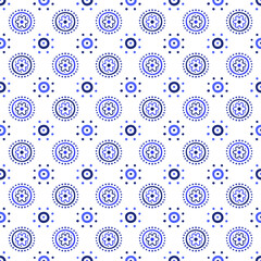 Blue symbols on the white background. EPS 10 vector seamless pattern for wrapping paper, textile, package or bed linen print.