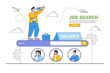New place of work, opportunity for vacancies concept. сareer or job search through website. Outline design style minimal vector illustration for landing page, web banner, infographics, hero images