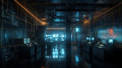 Poster Futuristic HUID Interfaces Reveal AI-Powered Data Center processing massive data with Cutting-Edge Technology in Industrial Warehouse & Office Building, Generative AI © Georgy