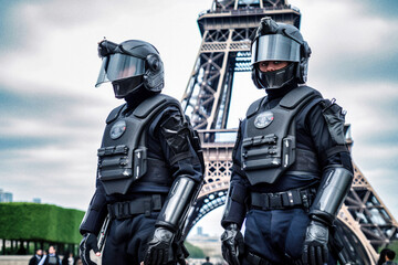 Futuristic Riot Police in Front of Eiffel Tower - generative ai