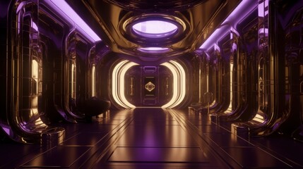 Travel through a Futuristic World of Antique Gold and Deep Purple with Award-Winning 8K Design, Shiny Walls, and Bionic Touches, Generative AI