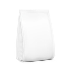 Hyper realistic gusseted bag mockup. Half side view. Vector illustration isolated on white background. Can be use for template your design, presentation, promo, ad. EPS10.