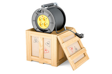 Industrial cable reel inside wooden box, delivery concept. 3D rendering