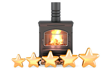 Potbelly stove, wood burner stove with five golden stars, 3D rendering