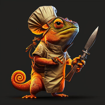 cameleon wearing a chef's uniform holding a knife cartoon style