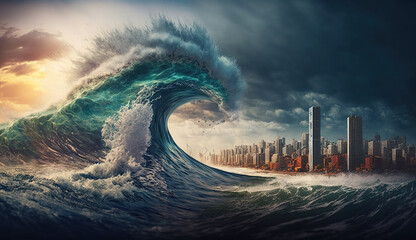 Tsunami hits modern city, giant sea waves attack tall buildings, generative AI - obrazy, fototapety, plakaty