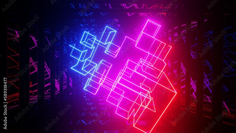 Aufkleber vj loop mirror room with fly neon comlex frame. abstract festive bg with bright reflection. dark roo