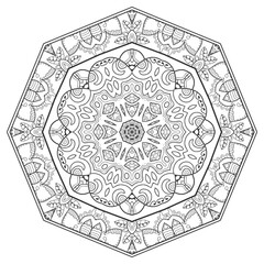 Mandala isolated design element, geometric line pattern. Stylized floral round ornament. Zen doodle art, monochrome sketch for coloring book page, textile fabric print. Black and white illustration