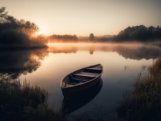 A lone boat on a misty lake at sunrise