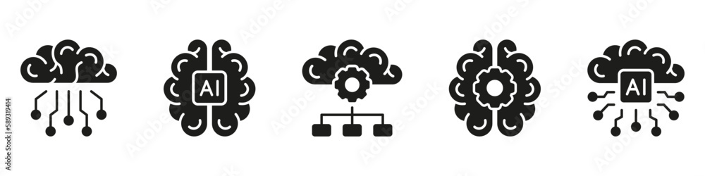 Aufkleber digital brain and tech science solid pictogram. artificial intelligence black silhouette icon set. m