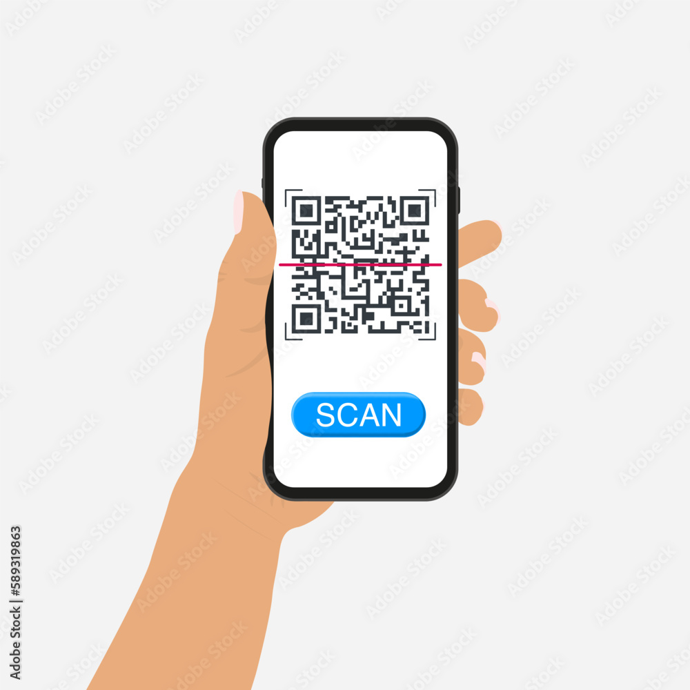 Poster man hand holding a phone and scanning qr code. barcode scanner technology. flat vector cartoon illus