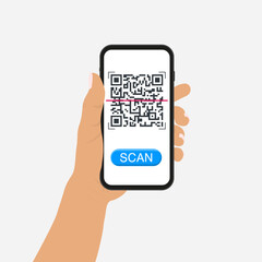 Man hand holding a phone and scanning QR code. Barcode scanner technology. Flat vector cartoon illustration. 