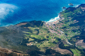 scenic aerial view to Bakio, a scenic town in Basque country, Spain and hotspot fpr surfers