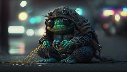 Fototapeta na wymiar A cartoon toy frog sits on the road of a cyberpunk night city. Green cute toad knitted from yarn. Created with AI.