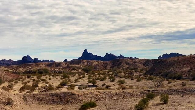 Driving on Interstate 40 near Route 66 at California and Arizona border. Mohave desert and Havasu National Wildlife Refuge