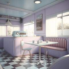 1950's dinner, white ceiling, purple detailed, view on the counter and booths, AI generated
