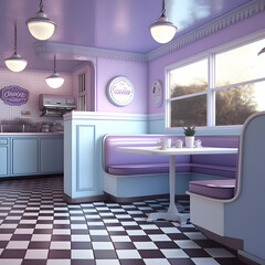 1950's dinner, white ceiling, purple detailed, view on the counter and booths, AI generated

