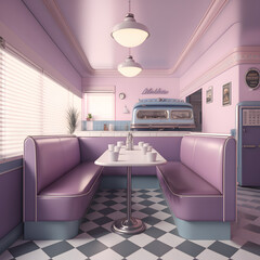 1950's dinner, white ceiling, purple detailed, view on the counter and booths, AI generated
