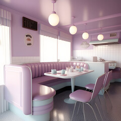 1950's dinner, white ceiling, purple detailed, view on the counter and booths, AI generated
