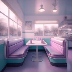 1950's dinner, white ceiling, purple detailed, view on the counter and booths, AI generated
