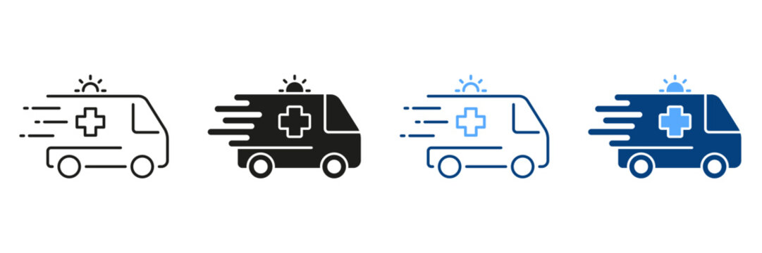 Ambulance Line and Silhouette Icon Set. Urgent Medical Help. Emergency Car for Patients Black and Color Pictogram. Paramedic's Transport for First Aid Symbol Collection. Isolated Vector Illustration