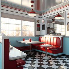 1950's dinner, white ceiling, red detailed, view on the counter and booths, AI generated
