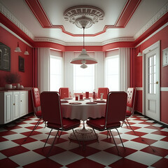 1950's dinner, white ceiling, red detailed, view on the counter and booths, AI generated
