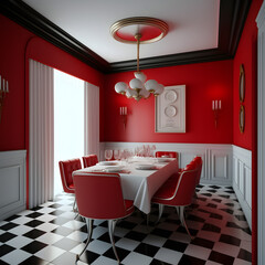 1950's dinner, white ceiling, red detailed, view on the counter and booths, AI generated

