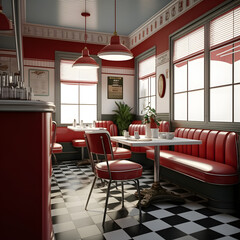 1950's dinner, white ceiling, red detailed, view on the counter and booths, AI generated
