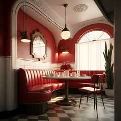 1950's dinner, white ceiling, red detailed, view on the counter and booths, AI generated
