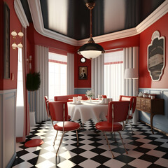 1950's dinner, white ceiling, red detailed, view on the counter and booths, AI generated

