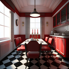 1950's dinner, white ceiling, red detailed, view on the counter and booths, AI generated
