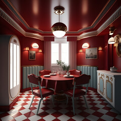 1950's dinner, white ceiling, red detailed, view on the counter and booths, AI generated
