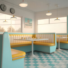 1950's dinner, white ceiling, yellow detailed, view on the counter and booths, AI generated
