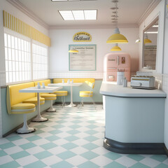 1950's dinner, white ceiling, yellow detailed, view on the counter and booths, AI generated
