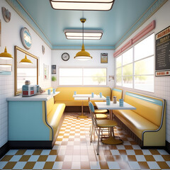 1950's dinner, white ceiling, yellow detailed, view on the counter and booths, AI generated
