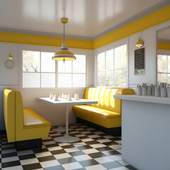 1950's dinner, white ceiling, yellow detailed, view on the counter and booths, AI generated
