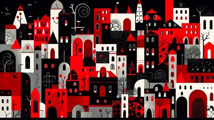 A grungy dark medieval village with houses in black and red split tone. AI Generative Art.