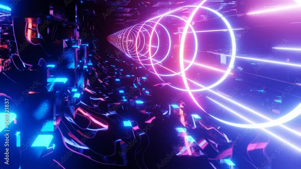 Poster 80's neon light style flight. hi-tech neon sci-fi tunel. trendy neon glow lines form pattern and con