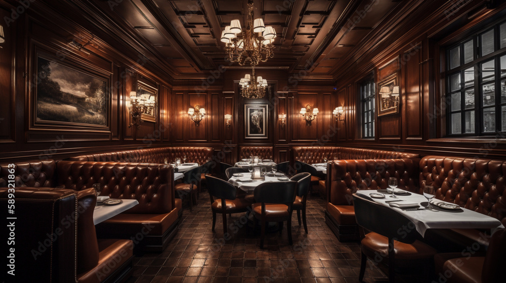 Sticker A fancy steakhouse with dark wood paneling and leath Generative AI