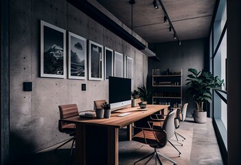 Fototapeta na wymiar Concrete coworking office interior. Generative AI