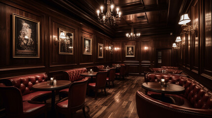 A fancy steakhouse with dark wood paneling and leath Generative AI