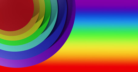 Image of colourful circles moving on rainbow background