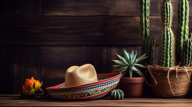 Cinco de Mayo holiday background with Mexican cactus and party sombrero hat on wooden table